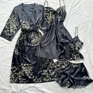 Ensemble pyjama 4 pièces en satin pour femme avec imprimé floral et peignoir sexy col V