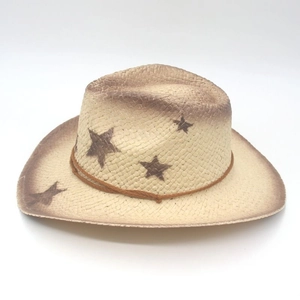 Vintage western straw cowboy hat with brown star patterns and adjustable wind rope