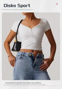 Close-up of V-neckline with decorative buttons on a white slim-fit sports T-shirt
