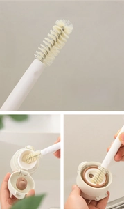 Detail of spiral crevice brush cleaning hidden dirt inside insulated bottle lid