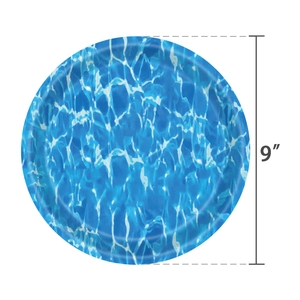 Detailed top view of 9-inch round paper plate with vibrant blue ocean wave pattern design
