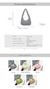 Detailed size chart and multi-color specifications for the pleated cloud dumpling bag