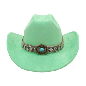 Close-up of mint green felt cowboy hat featuring vintage ethnic band and turquoise stone