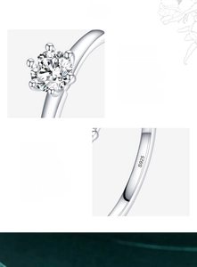 Macro detail of 925 sterling silver ring showing 6-prong setting and 5A zircon sparkle