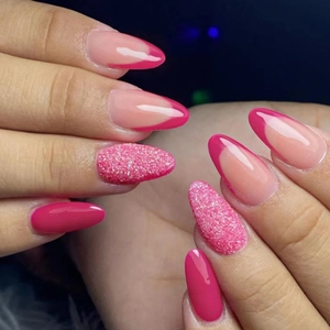 Almond Press On Nails Dark Pink Rose French Tip Glitter Long Artificial False Fingernails For Women Elegant