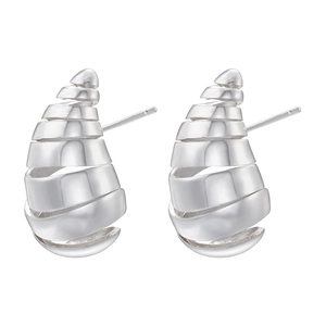 Detailed view of silver layered spiral stud earrings with shell-inspired tapered design