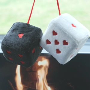 Plush dice car mirror hanging accessories with red heart patterns in black and white