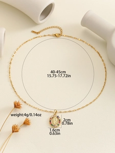 Detailed size view of Virgin Mary necklace with colorful stones and dimensions