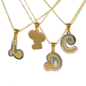 Gold stainless steel necklaces with alphabet pendants featuring blue and white enamel inlay