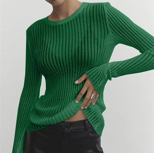 Close-up of the dark green ribbed knit fabric texture and round neckline of the top