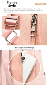 Pink PU leather backpack featuring anti-theft back pocket and premium gold hardware details