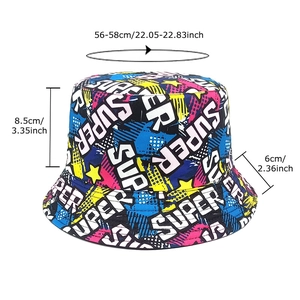 Street style reversible bucket hat featuring colorful graffiti SUPER print in pop art style