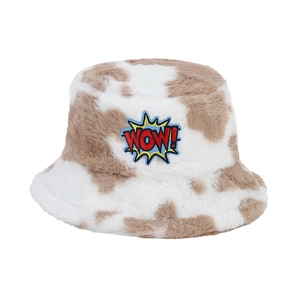 Chic cow print faux fur bucket hat featuring a vibrant WOW embroidery patch for street fashion