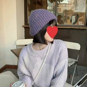 Winter warm knitted mixed purple beanie hat for women featuring a cozy textured weave