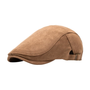 Classic brown suede newsboy cap for men and women with adjustable metal buckle detail