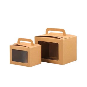 Brown kraft paper gift boxes with clear window and handle in two sizes on white background