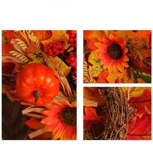 Detail shot of harvest wreath featuring pumpkins, sunflowers, maple leaves, and berries
