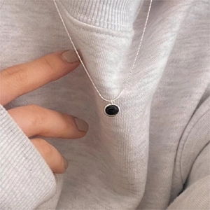Necklace 925 Sterling Silver Black Agate Minimalist Oval Pendant Elegant Simple Geometric Jewelry For Women Classic Accessory