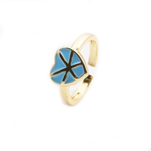 Adjustable heart-shaped ring in 18k gold plating with blue enamel geometric pattern