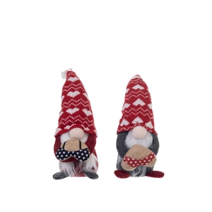 Christmas knitted gnome set with heart patterns in red and grey for holiday decoration