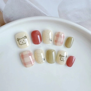 Press On Nails Short Round Square Shape Glossy Checkerboard Cartoon Sheep Pattern Cute Wearable False Nails