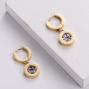 14K gold-plated titanium steel hoop earrings with crystal and Roman numerals