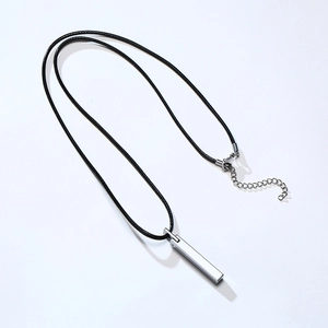 Minimalist silver tungsten bar pendant necklace with black cord and metal clasp detail