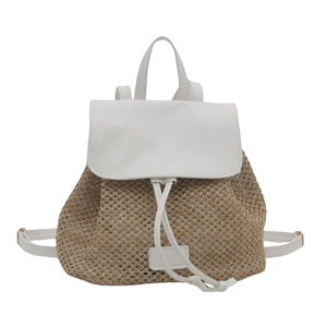 Chic woven straw backpack with white leather trim and drawstring for summer travel