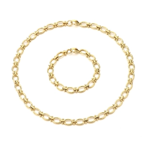 Thick round Cuban link necklace and bracelet set in 18K gold plated stainless steel