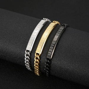 Men Stainless Steel Bracelet With Roman Numerals Curved ID Plate Cuban Link Polished Jewelry