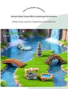 Miniature resin garden set with vintage stone bridge, well, and lighthouse figurines