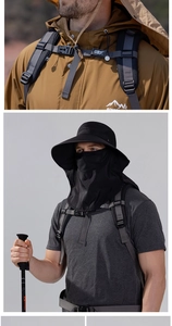 Detail of outdoor sun hat featuring integrated face mask and long neck protection cover