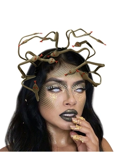 Detail of bronze Medusa snake headband on model with scales makeup for Halloween party