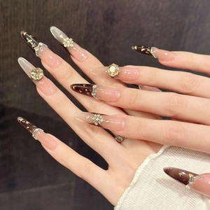 Luxury long almond press-on nails with pink-brown gradient, crystals and gold foil accents