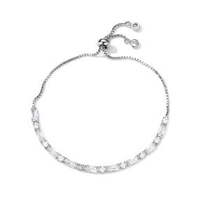 Detail of adjustable silver bolo clasp and sparkling geometric zircon tennis bracelet
