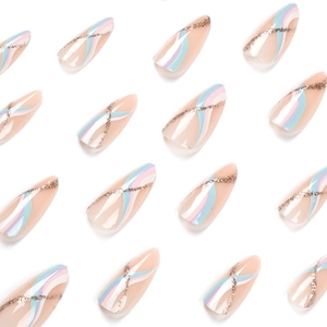 Almond-shaped press-on nails with pastel wavy swirls and glitter accents in four colors