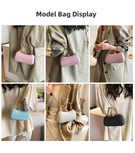 Detailed views of sequined clutch bags in pink, blue, silver and black with chain straps