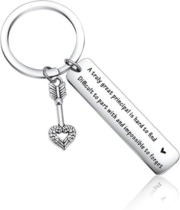 Polished silver stainless steel keychain with heart charm and engraved principal quote