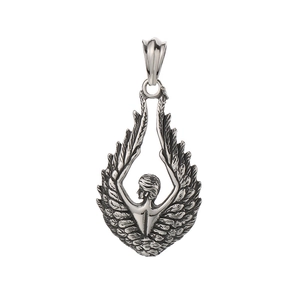 Vintage oxidized silver angel wing pendant in stainless steel with detailed feather texture