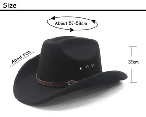 Size chart showing 57-58cm head circumference for the black felt western cowboy hat