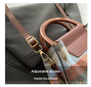 Détail du sac en tweed à carreaux avec poignée en résine et boucle dorée ajustable