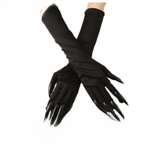 Detailed view of black lace-up punk sleeve gloves with long pointed claws for Halloween