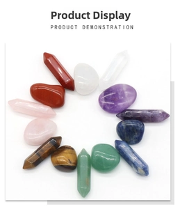 Detailed set of 7 hexagonal crystal prisms and 7 polished tumbled stones in a circle