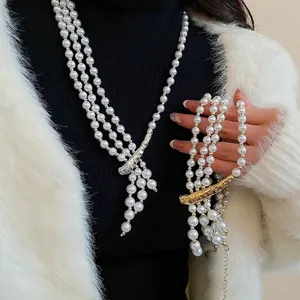 Long Multi-Layer Artificial Pearl Necklace Retro Light Luxury Glass Artificial Pearl Alloy Irregular Metal Bar Pendant Tassel Elegant Adjustable
