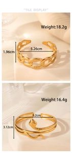 Detailed view of gold steel snake and chain bracelets with dimensions and weight specs