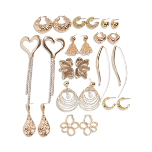 12 pairs of 18K gold plated hoop earrings with pearls and floral designs set