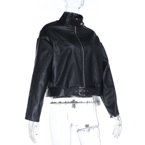 Detail of short faux leather jacket featuring stand collar and adjustable metal waist belt