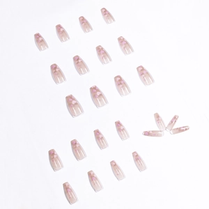 Nude pink coffin press-on nails with sweet pink heart patterns, 24-piece full set