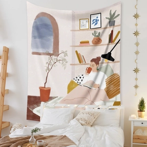 Detail of bohemian tapestry showing cozy reading scene illustration on polyester fabric