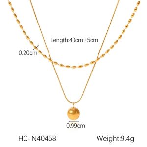 Detailed specs of double-layer gold necklace with spherical pendant and chain dimensions